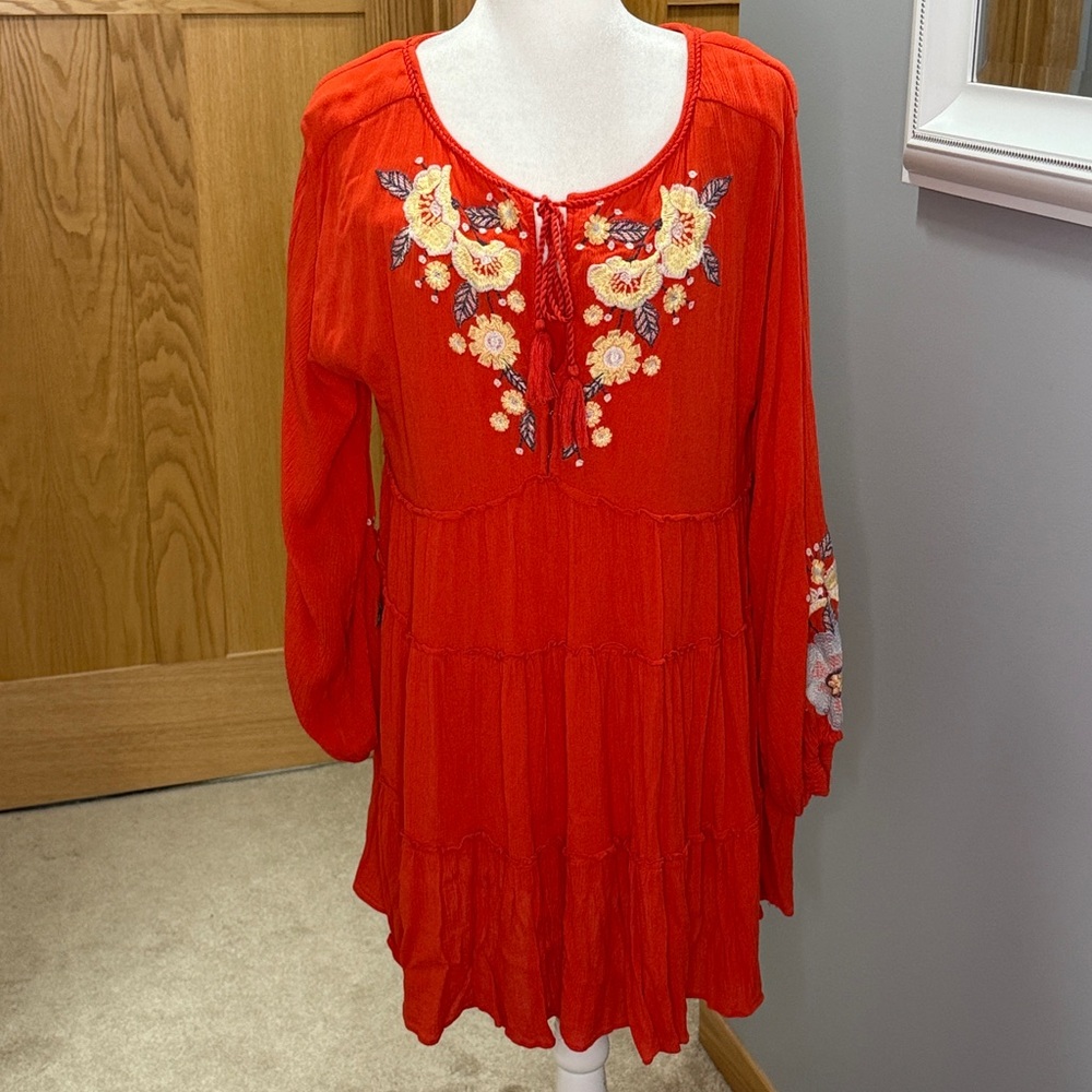 Free People Red Floral Embroidered Midi Dress